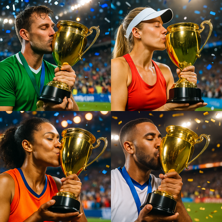 Atleta con camiseta verde besa el trofeo dorado tras ganar el torneo, confeti y estadio de fondo